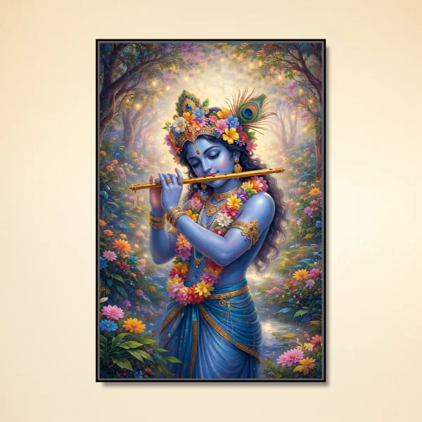 Divine-Floral-Lord-Krishna-Flute-Garden-Canvas-Wall-Art