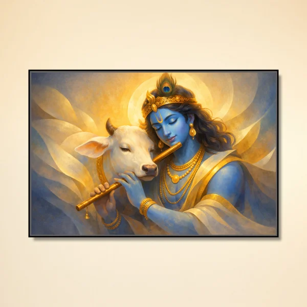 Divine Lord Krishna with Sacred Cow Canvas Wall Art